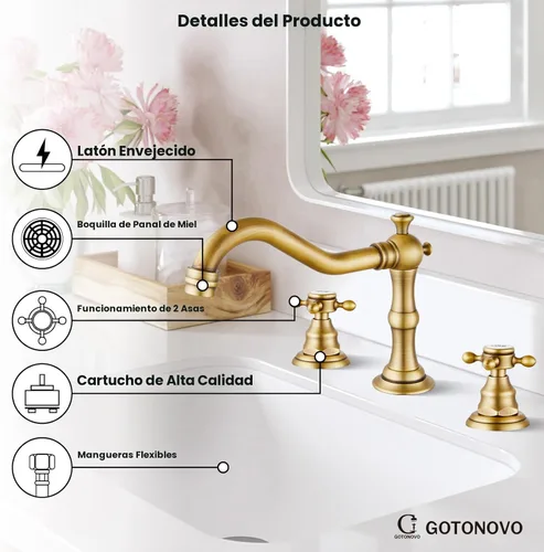 Miniatura 9 de gotonovo Grifo de baño de 3 agujeros y 8 pulgadas, grifo de lavabo de baño extendido, 2 asas cruzadas, grifo mezclador de tocador vintage con Latón