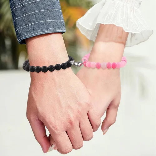Miniatura 56 de 2 pulseras magnéticas para parejas, piedra natural negra mate, cristal para votos de amor eterno, juego de pulseras de cuentas de piedra de energía