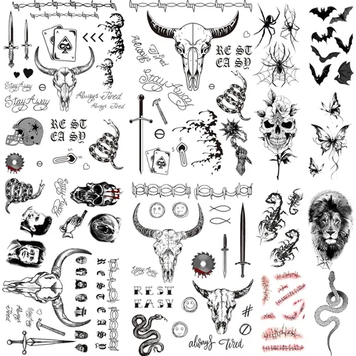 Miniatura 10 de 22 hojas de pegatinas de tatuajes temporales de montaña, incluidos tatuajes falsos impermeables, formas geométricas negras, con forma de sol