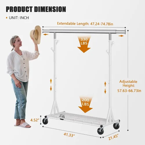 Miniatura 25 de Gewudraw Estante de ropa resistente con carga de 900 libras, estante comercial de doble barra con ruedas y estantes resistentes, estante colgante