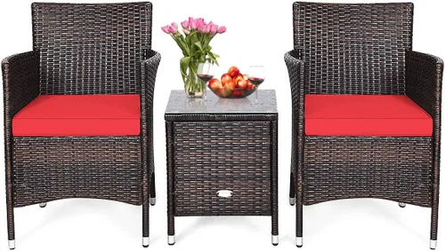 HAPPYGRILL Juego de muebles de patio de 3 piezas para exteriores, juego de conversación de mimbre de ratán con mesa auxiliar, sillas y cojines Rojo