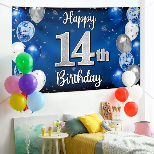 Miniatura 3 de Decoraciones de Feliz Cumpleaños Número 14, Globo Azul y Plateado Grande Pancarta de Fondo Letrero de Cumpleaños, Brindis por Catorce Años 14th