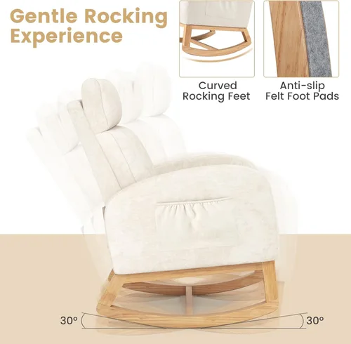 Miniatura 4 de Giantex Mecedora para guardería, silla mecedora tapizada de felpilla con bolsillo lateral, marco de madera de goma natural, respaldo alto, sillón