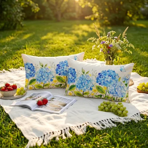 Miniatura 5 de Blue Hydrangea Floral Decor Outdoor Lumbar Pillow Covers Waterproof 12x20 Inch Set of 2, Summer Hydrangea Flower Decorative Pillows for Porch Couch