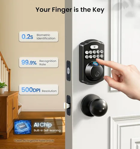 Miniatura 2 de Veise KS02A - Cerradura de puerta de entrada sin llave de huellas dactilares, bloqueo automático, cerrojo electrónico para puerta delantera, Negro