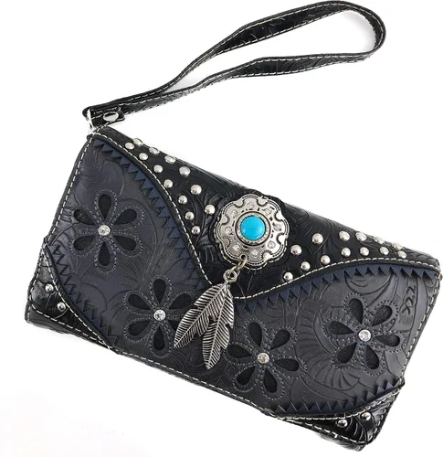 Miniatura 2 de Zelris Floral Western Pu Tooled Cuero Turquesa Concho Plumas Crossbody Cartera Trifold, Negro
