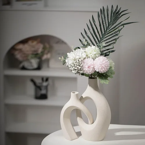 Miniatura 3 de Levvohd XL Juego de 2 jarrones beige de cerámica para decoración moderna del hogar, jarrones huecos florales modernos de estilo bohemio ecléctico
