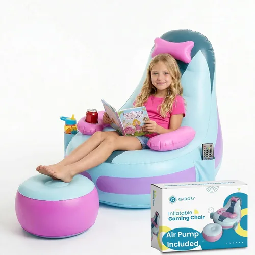 Miniatura 8 de Silla inflable para juegos para niños, soporta hasta 300 libras, incluye bomba de aire, soporte para tazas, 2 bolsillos, asiento de puf duradero