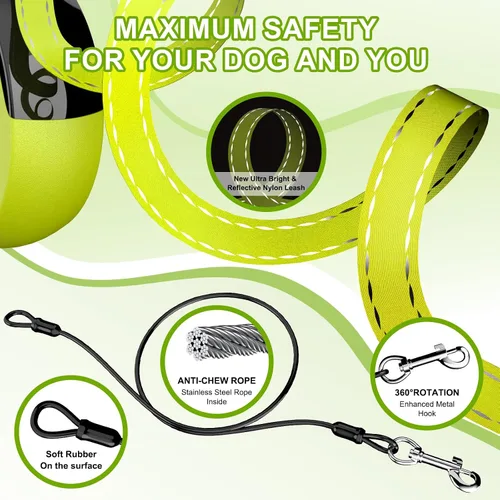 Miniatura 4 de Correa retráctil mejorada para perro de 16.4 pies – Correa retráctil reflectante resistente con agarre suave antideslizante – Bolsa desmontable