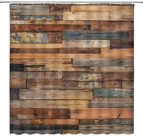 Cortina de ducha de madera rústica, puerta de granero antigua, vintage, granja, retro, tablón de garaje rural, color marrón oscuro, cortinas de tela