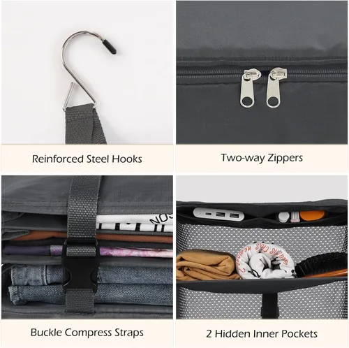 Miniatura 6 de Surblue Bolsa de almacenamiento plegable para armario, 3 estantes, tela Oxford lavable con 2 ganchos (XL 17.71 x 11.81 x 20 pulgadas, gris)
