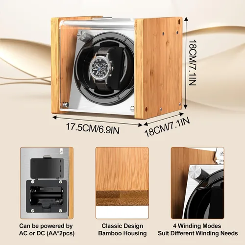 Miniatura 6 de Watch Winder Smith Bobinadora de reloj automática individual de bambú - 4 modos de rotación, motor silencioso