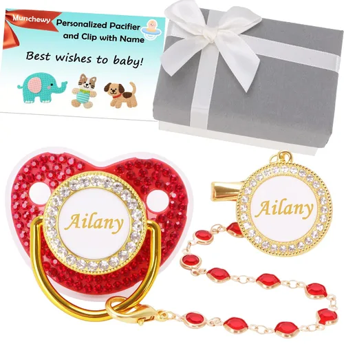 Miniatura 13 de Chupete personalizado con nombre, juego de clip para chupete dorado brillante con caja de regalo, tarjeta de felicitación, lujoso chupete de cristal