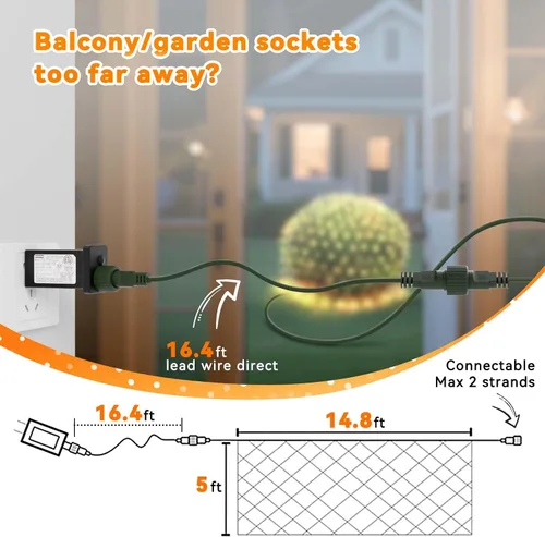 Miniatura 6 de LitHome Luces de red de Navidad de 14.8 x 5 pies, 300 luces LED de red blanca cálida, 8 modos de conexión, malla gigante impermeable de Navidad
