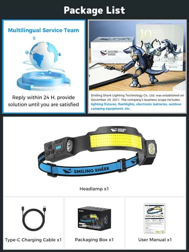 Miniatura 7 de Smiling Shark Linterna frontal TS-4, foco doble con luz de inundación 4X y linterna de cabeza LED estroboscópica recargable 2400mAh de larga
