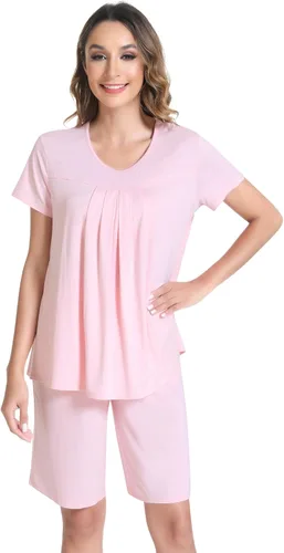 Miniatura 3 de NACHILA Pijama para mujer de viscosa hecha de bambú, conjunto de pijama de manga corta con cuello redondo, pijama plisado, parte superior suave