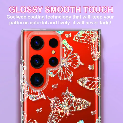 Miniatura 5 de Funda transparente con purpurina para Galaxy S23 Ultra – 6.8 pulgadas, diseño de flores, diseño de mariposa de cristal, para mujeres y niñas
