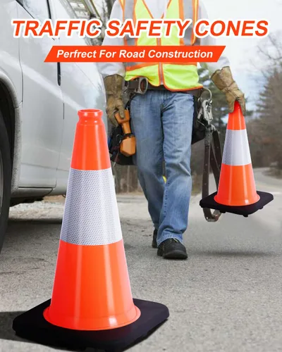 Miniatura 2 de (5 Conos) BESEA 18" Pulgadas Conos de PVC Naranja Conos de Seguridad de Tráfico Base Negra Construcción Carretera Cono de Estacionamiento con Collar