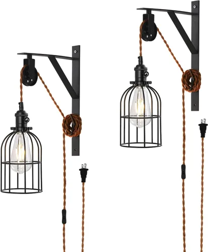 Juego de 2 lámparas colgantes enchufables, lámpara de pared con polea de granja con cable e interruptor de enchufe marrón de 7 pies, lámparas