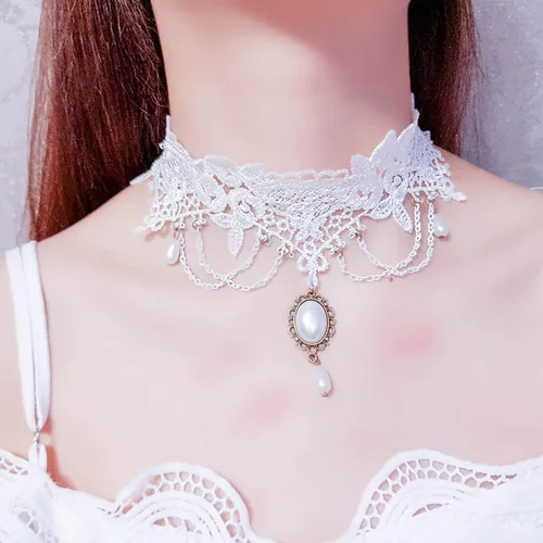 Miniatura 2 de YienDoo Gargantilla de encaje vintage con patrón de encaje gótico blanco, collar punk con borla y cuentas de perlas, gargantilla de princesa