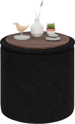 PINPLUS Otomana con Stroage redondo Boucle otomana y bandeja Sherpa extraíble pie taburete mesa de café para dormitorio, sala de estar, negro, 16.9