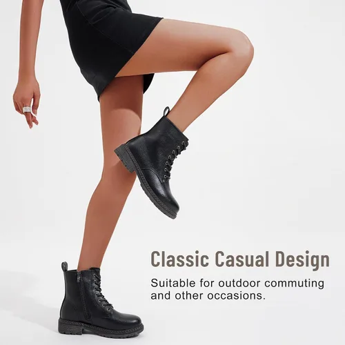 Miniatura 7 de Vepose - Botas de combate para mujer con puntera corta, cordones clásicos, tacón bajo, cremallera 9623