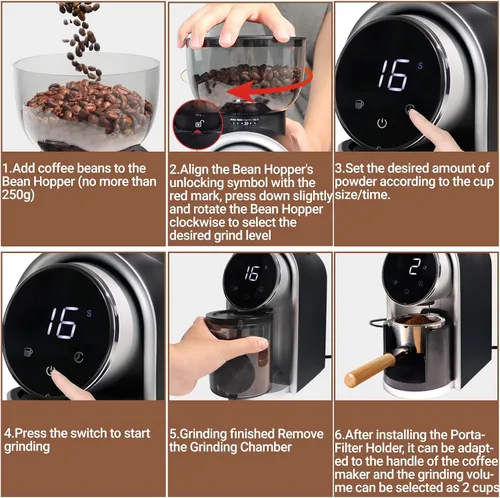 Miniatura 8 de Molinillo de café eléctrico con pantalla táctil, 2-14 tazas, molinillo de café cónico con 25 ajustes de molienda, cepillo de limpieza, molienda Negro