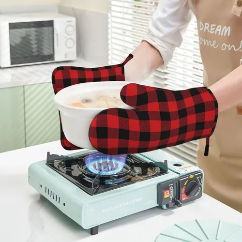 Miniatura 6 de Manoplas de horno y soportes para ollas a cuadros de búfalo negro y rojo, juego de 4 piezas, guantes de horno de silicona a cuadros negros y rojos