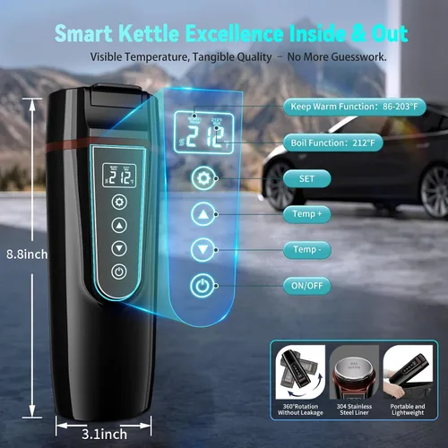 Miniatura 4 de Hervidor Eléctrico de Coche para Viaje: FVPE 12V/24V Hervidor Eléctrico de Agua Pequeño, Control Multi-Temperatura 400 mL Hervidor de Agua Portátil