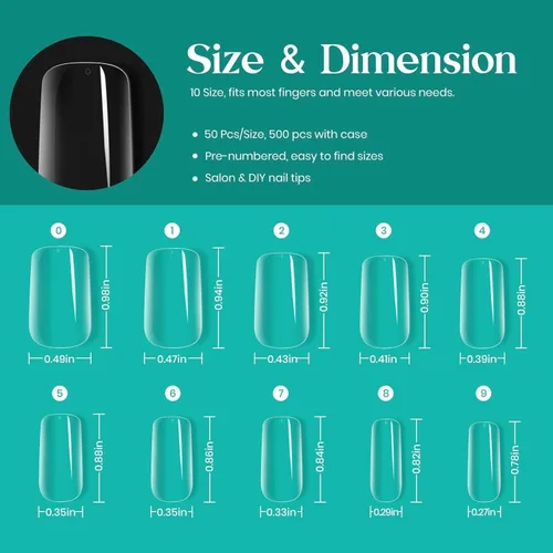 Miniatura 5 de Beetles - Puntas de uñas cuadradas medianas, 500 piezas, kit de uñas cuadradas medianas preformadas, uñas postizas transparentes de cobertura