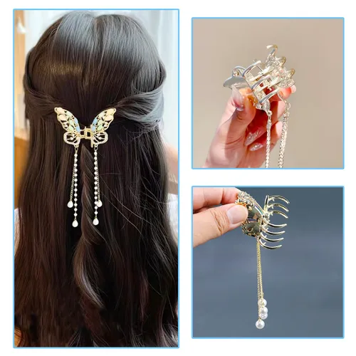 Miniatura 3 de 3 Piezas de Pinzas de Mariposa para el Cabello, Pinzas de Cabellera con Borla de Mariposa, Pinzas de Mariposa con Pedrería de Metal, Pinzas