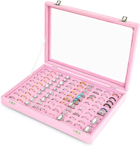 Frebeauty Bandeja organizadora de anillos con 100 ranuras para anillos con tapa transparente, caja de almacenamiento de anillos de terciopelo para
