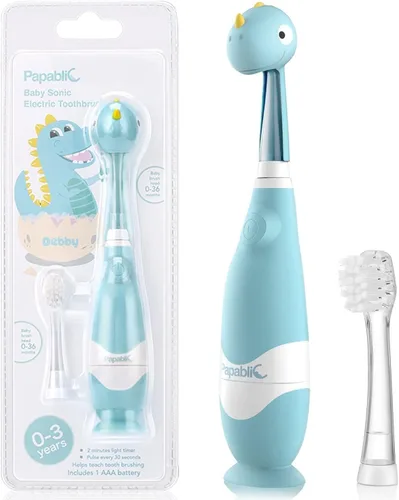 Papablic Cepillo de dientes eléctrico sónico para niños de 1 a 3 años, cepillo de dientes eléctrico para bebé con bonita cubierta de dinosaurio y