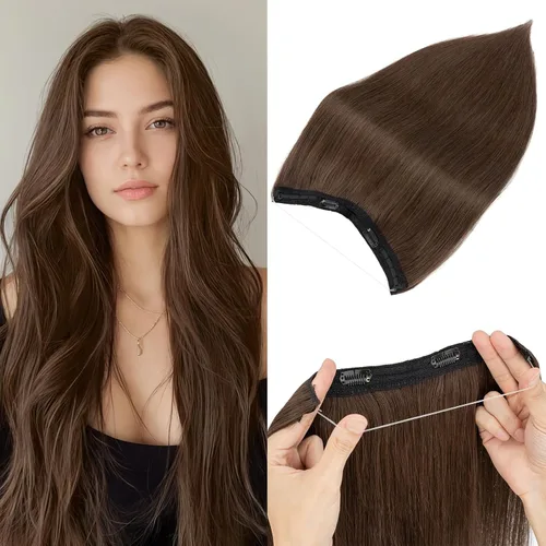 Miniatura 21 de Extensiones de cabello en aureola de cabello humano real, Extensión de cabello Halo 100% cabello humano, Extensiones de cabello con alambre, Lacio