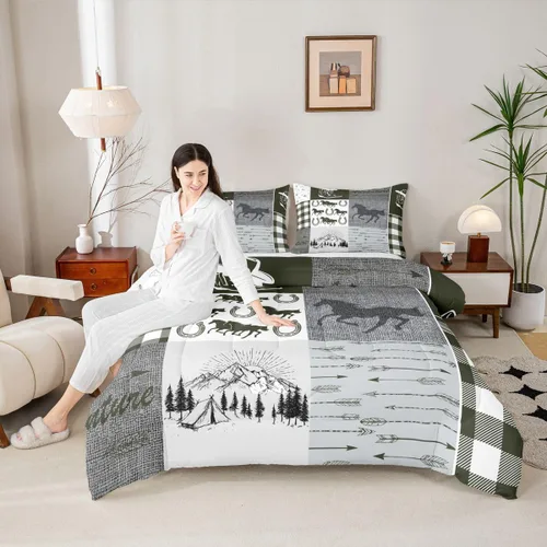 Miniatura 267 de Juego de edredón de oso y ciervo, tamaño individual, ropa de cama de animales salvajes de caza, colcha rústica de cabaña, casa de campo, cuadros