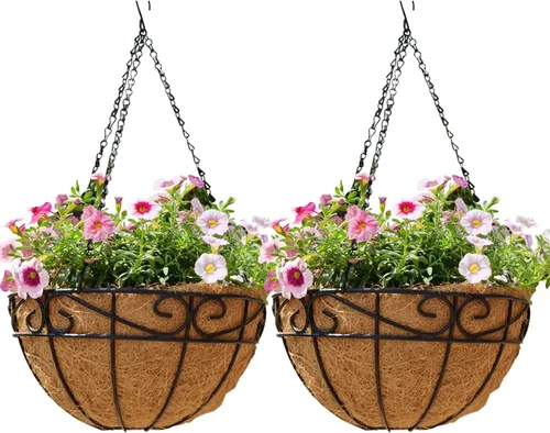 EIMQUVW Macetas Colgantes de Metal para Exteriores (Paquete de 2, 12 pulgadas) Cestas Colgantes para Plantas Soporte de Plantas de Alambre Redondo