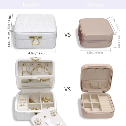 Miniatura 3 de KAMIER Organizador de joyas de viaje, caja organizadora de joyas de viaje de cuero acolchado con diamante, caja de joyería pequeña para mujer