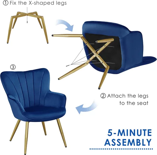 Miniatura 7 de Topeakmart Silla decorativa de terciopelo, moderna y de mediados de siglo, silla de maquillaje con acolchado suave y respaldo alto para sala de Azul