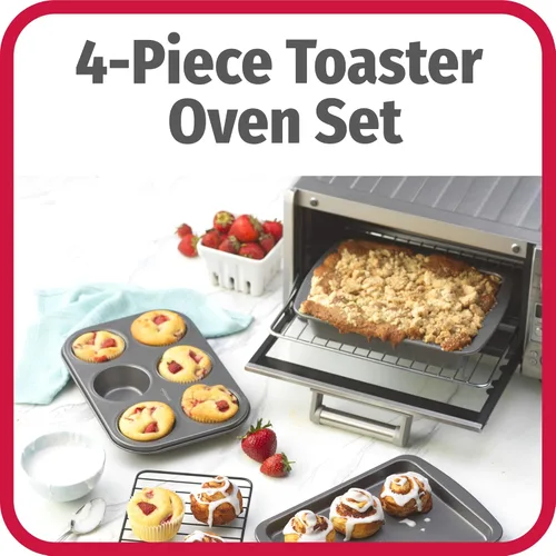 Miniatura 2 de GoodCook Juego de utensilios para hornear antiadherentes de acero de 4 piezas con bandeja, rejilla, molde para pastel y molde para muffins, gris