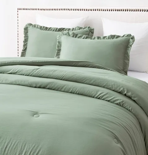 Miniatura 3 de Chezmoi Collection - Juego de edredón Nora de color verde saúco con volantes, tamaño Queen extragrande, 3 piezas, ropa de cama ligera y suave lavada
