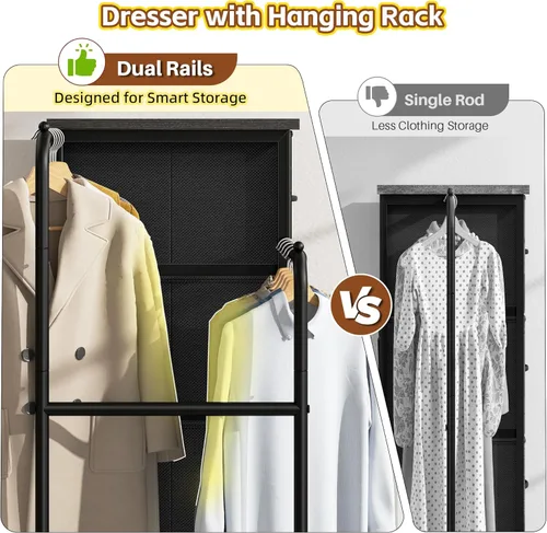 Miniatura 3 de Romorgniz Cómoda 3 en 1 con estante para colgar, 4 cajones de tela con doble perchero y ruedas, organizador alto de armario para dormitorio, Negro