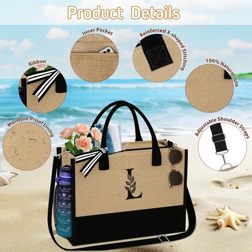 Miniatura 3 de Regalos personalizados Bolsa de mano con monograma para mujer, bolsa de playa grande con monograma P con bolsillos laterales e interiores