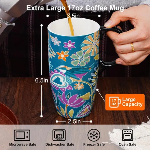 Miniatura 6 de Topadorn Taza de cerámica para café, taza de té de porcelana con tapa, 17 oz, sinfonía floral, pájaro verde