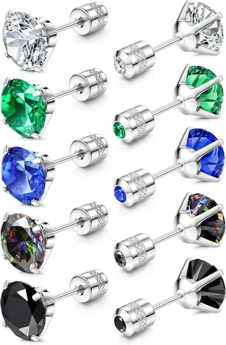 FIBO STEEL 5 pares de aretes de titanio de acero inoxidable quirúrgico para mujeres y hombres, arcoíris 5A, circonita cúbica para dormir,
