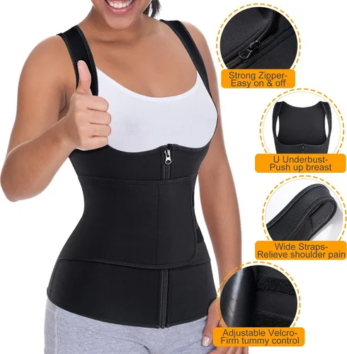 Miniatura 3 de GAODI Chaleco de entrenamiento de cintura para mujer, corsé delgado, corsé de neopreno, camiseta sin mangas con cremallera para entrenamiento