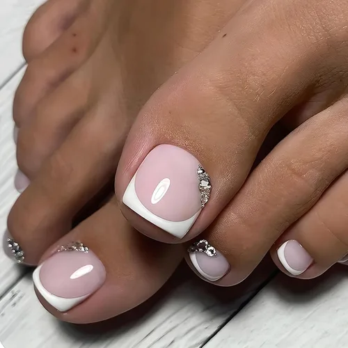 Miniatura 14 de Uñas postizas cuadradas a presión, uñas cortas MABKJLF blancas francesas de los pies, uñas postizas de verano brillantes con diamantes de imitación