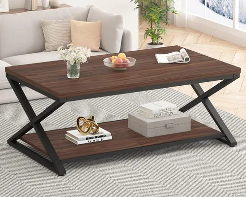 Miniatura 13 de HSH Mesa de sala de estar de madera de metal minimalista moderna negra con estante de almacenamiento, mesa central rectangular de 39 pulgadas y 2