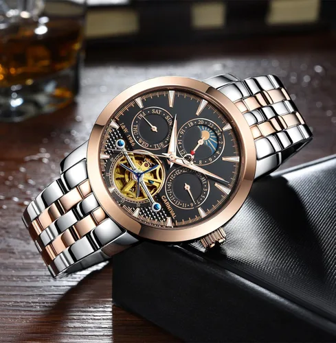 Miniatura 3 de PASOY Reloj de Hombre Automático Mecánico Tourbillon Acero Inoxidable Stell Fecha Dial Azul Reloj Esqueleto