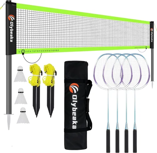 Outdoor Baminton Net Set for Backyard, Beach, Family Games with 20 * 3ft Anti-sag Net, 4 Aluminum Badminton Rackets, 3 Shuttlecocks, Carring Bag -