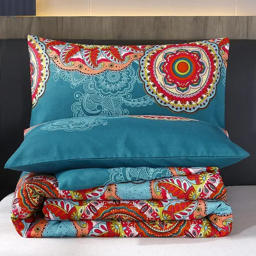 Miniatura 8 de LweiPsqLin - Juego de cama en una bolsa de 7 piezas tamaño full, estilo bohemio colorido con estampado rojo y azul, juego de edredón reversible